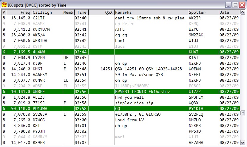 DX spots window showing Memb column
